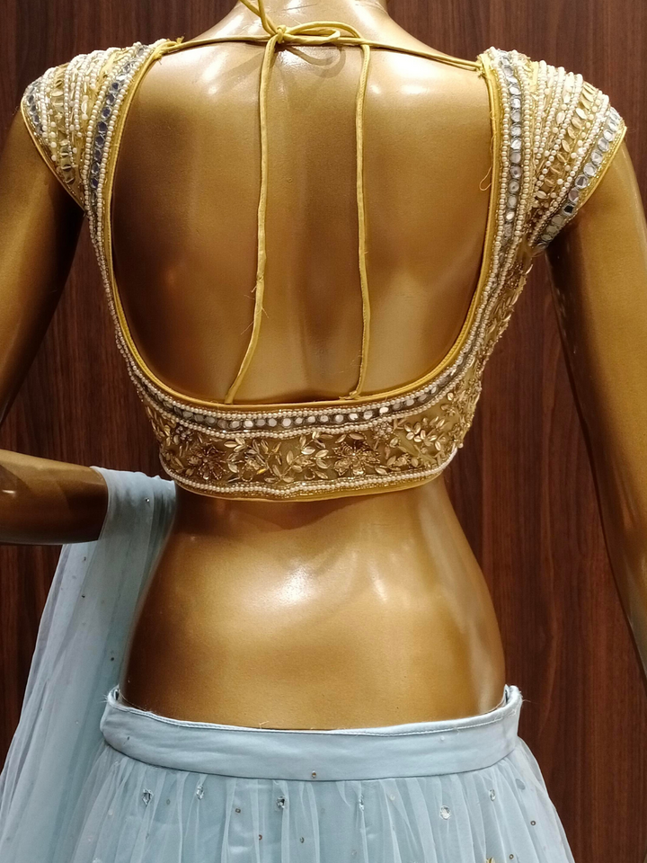 Ruffled Mirror Work Lehenga Set With Hand Pearl Embroidery Blouse