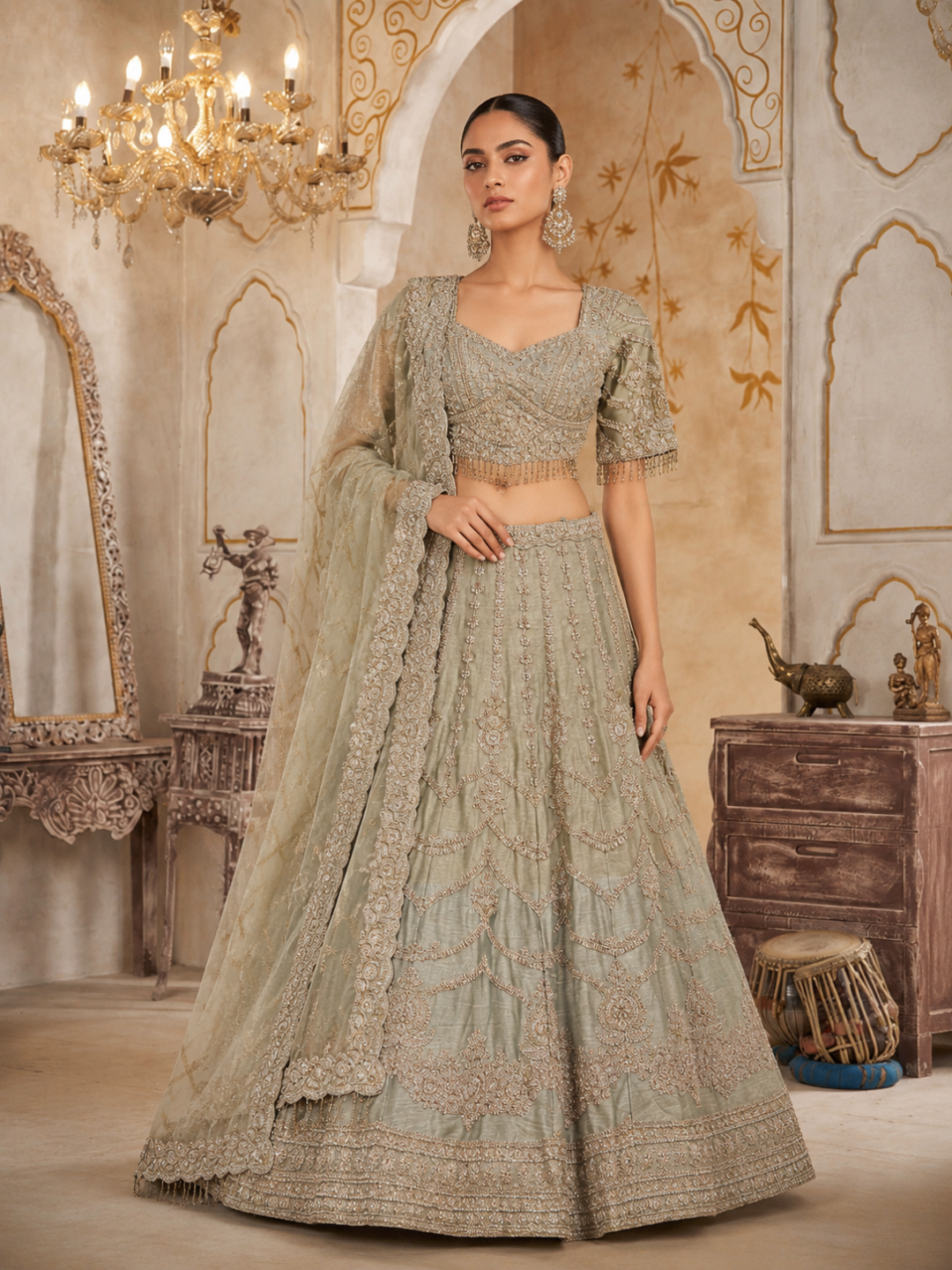 Sage Green Ombre Silk Bridal Lehenga Choli with Heavy Zari, Resham & Cutdana Floral Embroidery with Crystal Tassel Hem & Dupatta