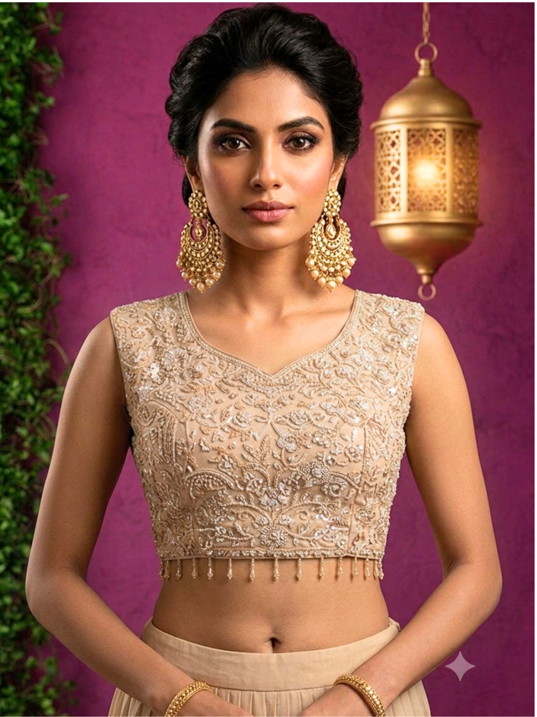 Georgette Sequin & Zari Embroidered Pre-Draped Saree Gown in Beige