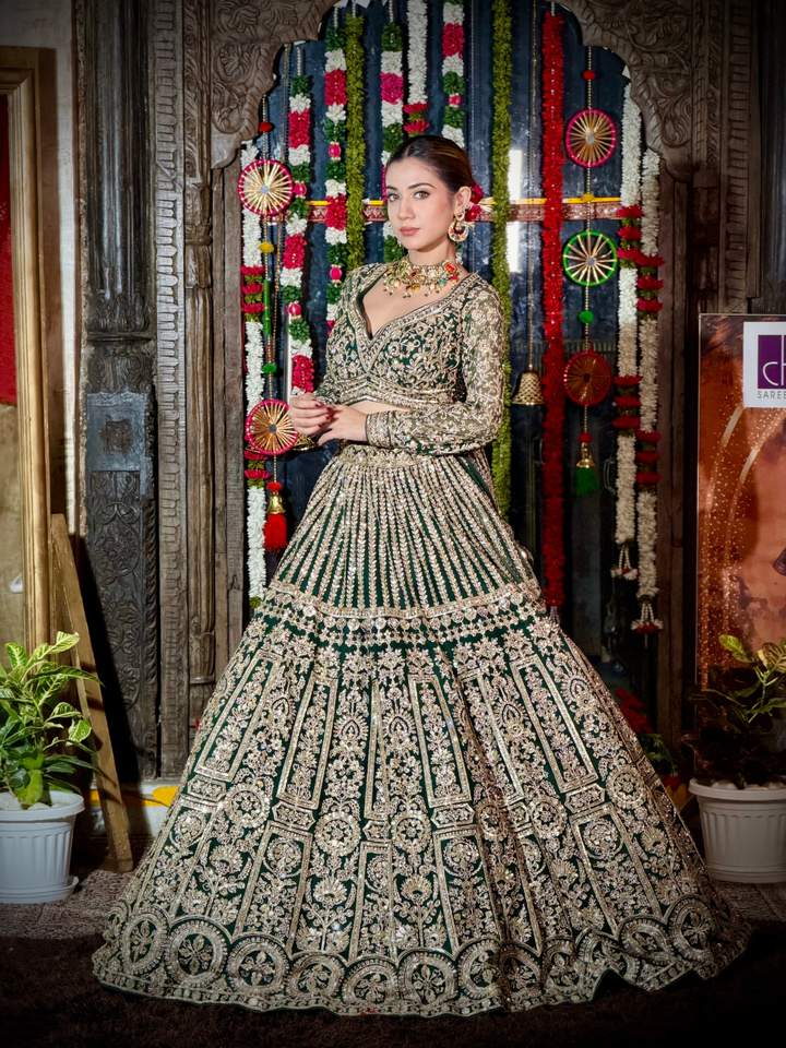 Silk  Embroidered Floral & Geometric Lehenga Choli with Net Dupatta in Bottle Green