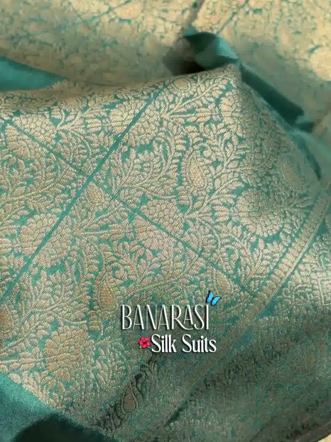Teal Banarasi Silk Dress Material with Zari Woven Border and Dupatta