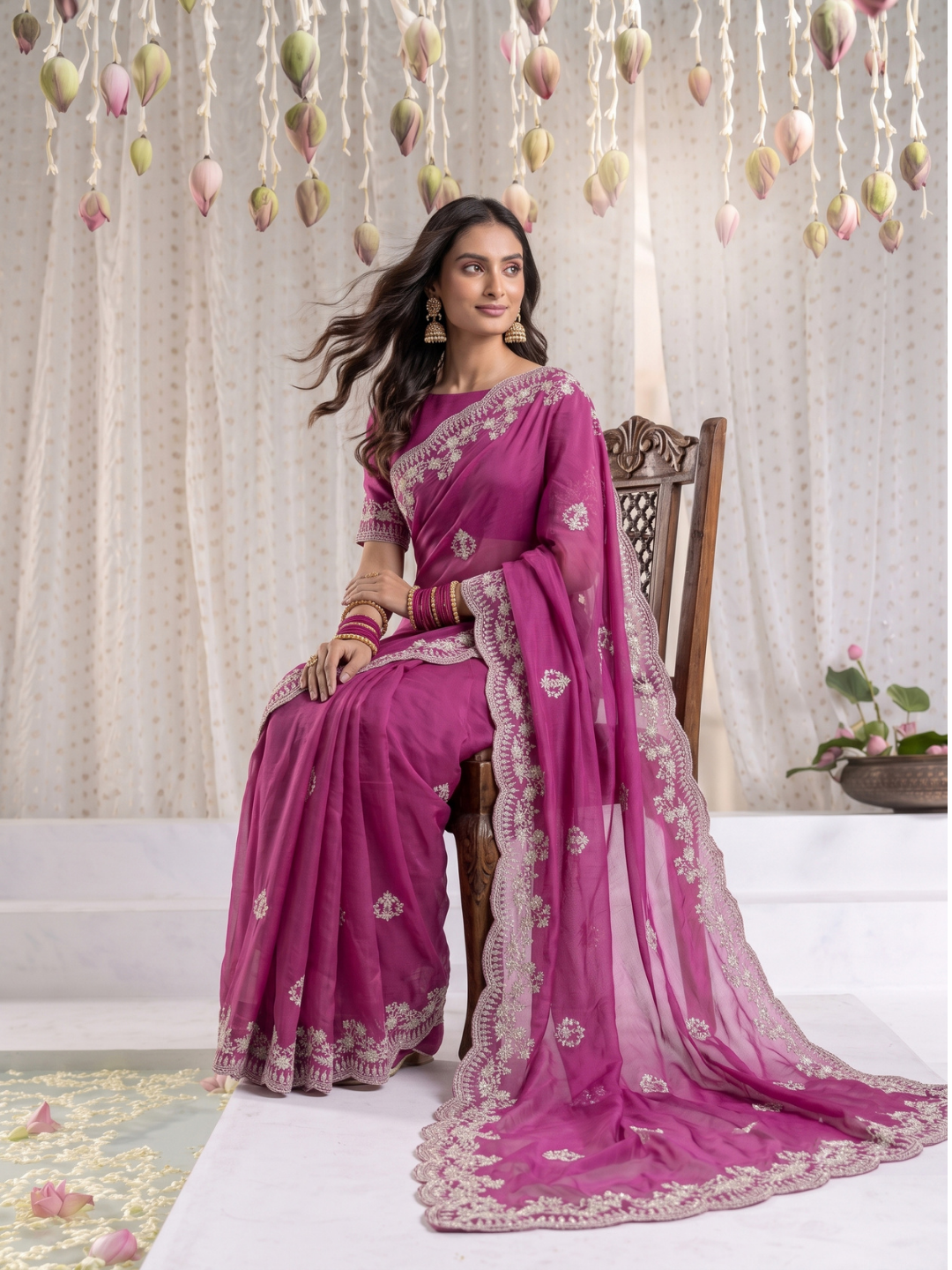 Organza Saree with Silver Zari Floral Butta Embroidery & Scalloped Cutwork Border