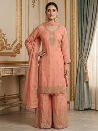 Zari Sequinned Embroidered Silk Kurta with Sharara and Dupatta with Floral Booti Pattern