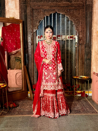 Silver Thread Embroidered Kurta with Sharara Set in Red