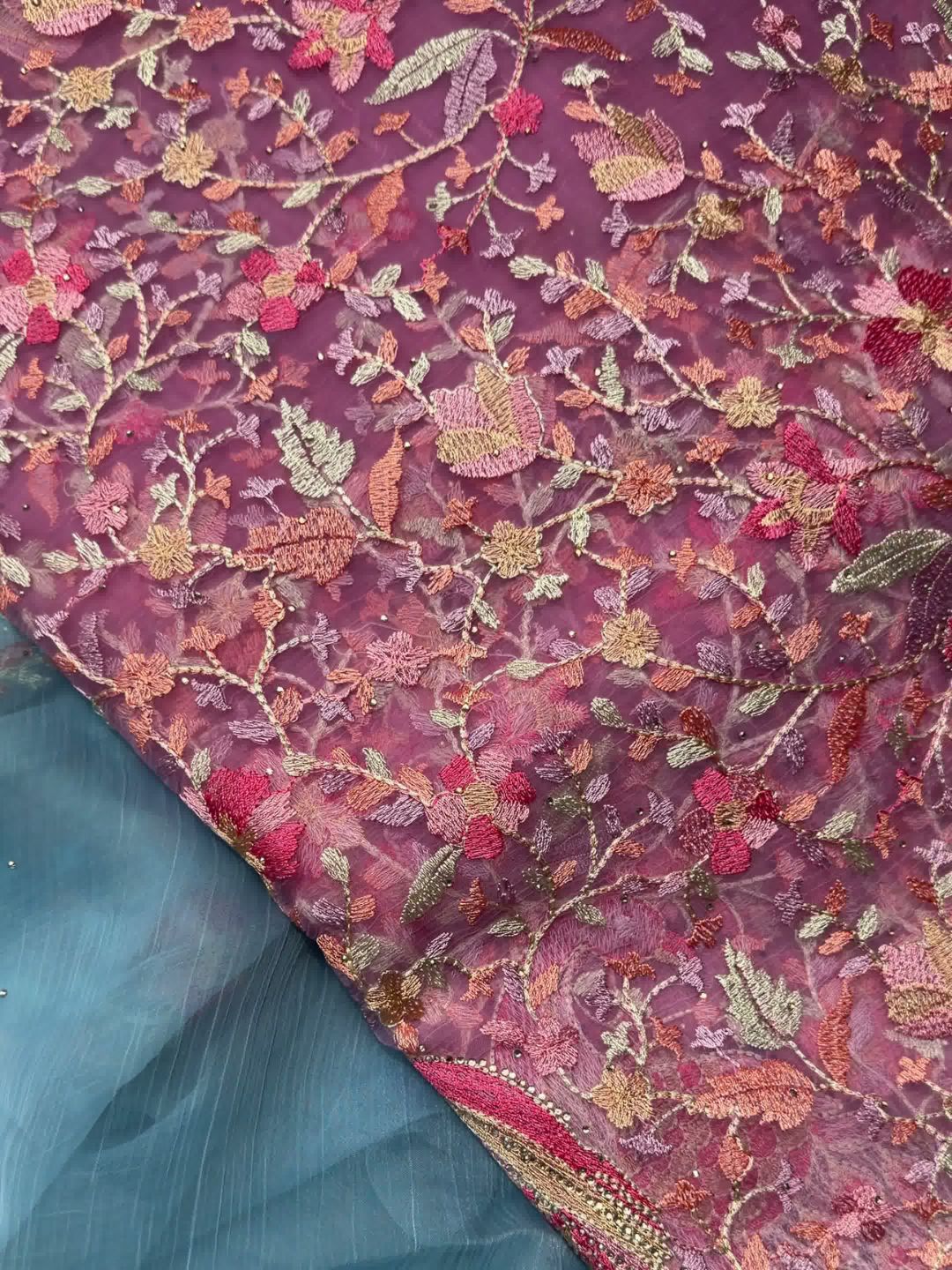 Peacock Floral Embroidered Net Saree in Mauve Wine