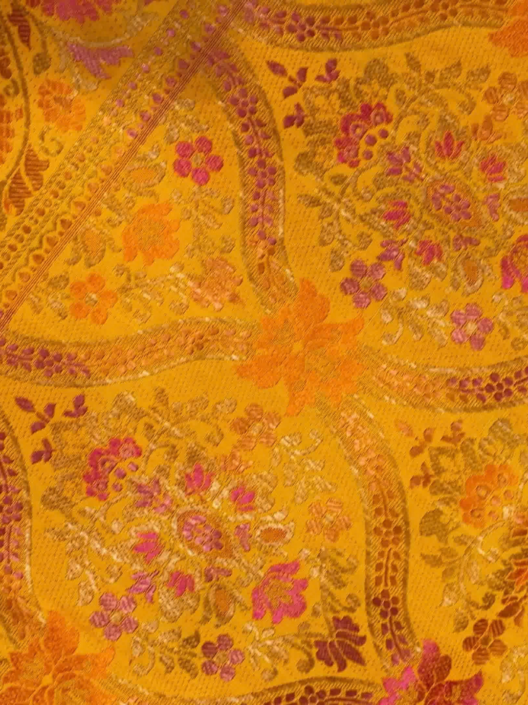 Marigold Orange Banarasi Silk Saree with Zari Floral Circular Motifs and Tassel Border
