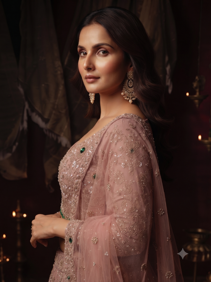 Sequin & Stone Embellished Blouse with Lehenga Set in Dusty Pink