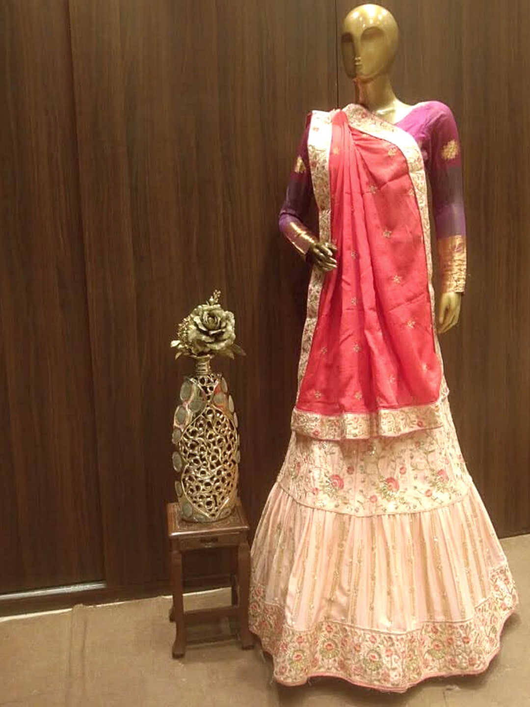 Rose Gold Semi-Stitched Lehenga Set with Contrast Dupatta With Floral Resham Embroidery