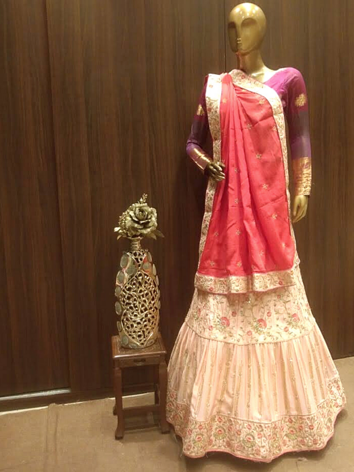 Rose Gold Semi-Stitched Lehenga Set with Contrast Dupatta With Floral Resham Embroidery