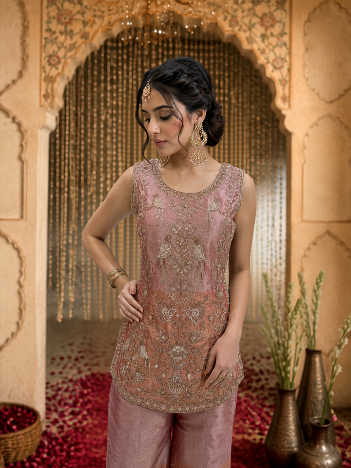 Organza Silk Zari & Bead Embroidered Sharara Set with Dupatta in Rose Pink