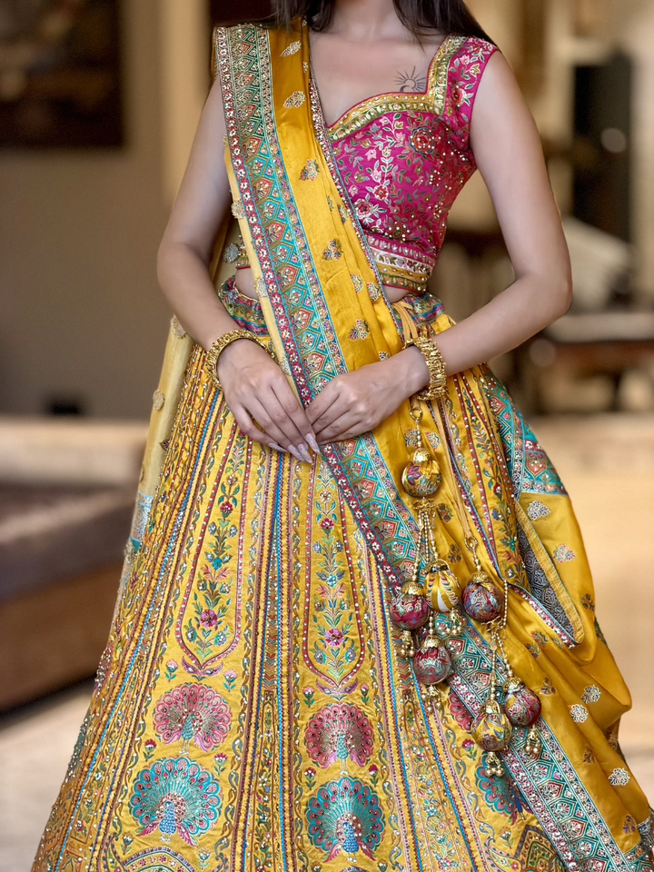 Banarasi Silk Meenakari Woven Lehenga Choli with Dupatta in Mustard & Pink