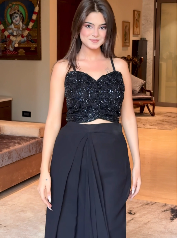 Heavy Sequin Embroidered Crop Top with Dhoti and Sequin Lace Jacket in Black