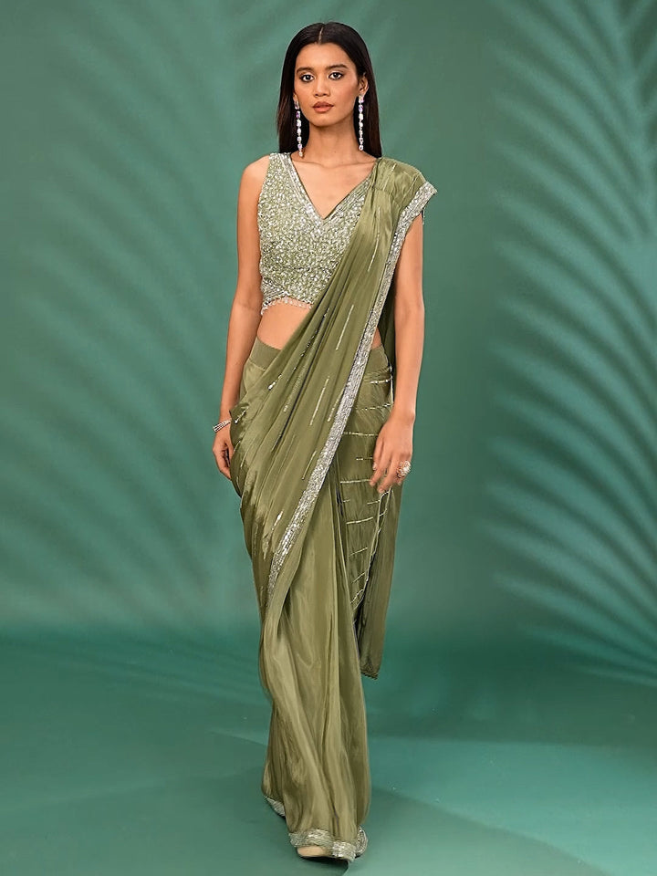 Pre-Stitched Saree with Sequin Embellished Blouse and Beaded Details