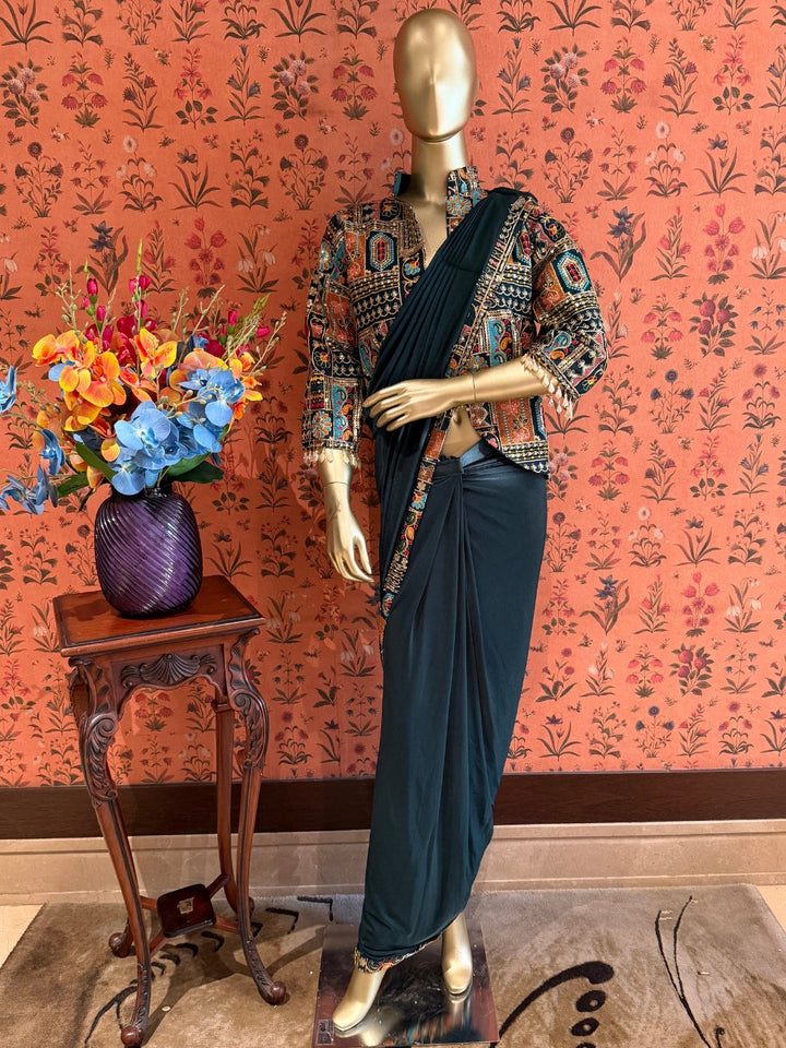 Teal Draped Saree with Multicolour Embroidered Jacket Blouse and Mirror Detailing