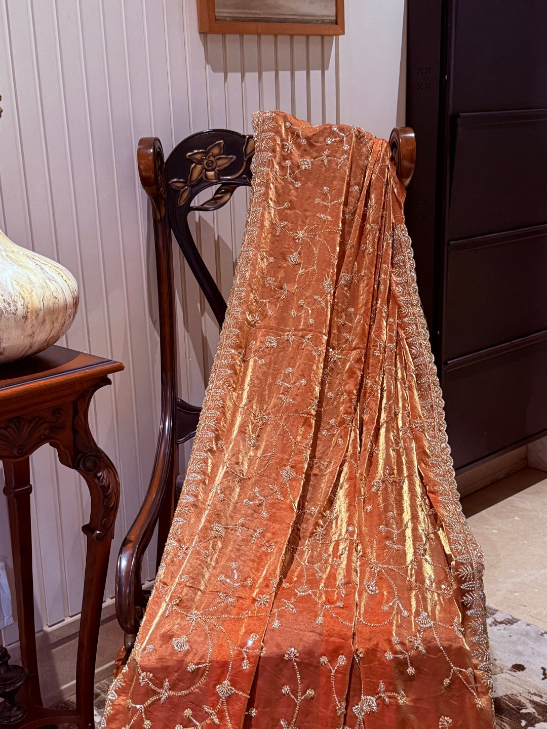 Net Saree with Hand-Embroidered Floral Sequin Vine & Scalloped Embellished Border