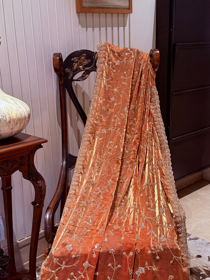 Net Saree with Hand-Embroidered Floral Sequin Vine & Scalloped Embellished Border