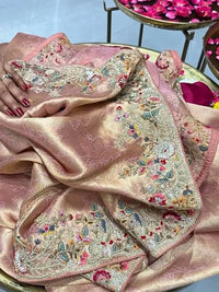 Elegant Dusty Rose Pink Banarasi Silk Saree with Intricate Floral Hand Embroidery & Zari Woven Motifs