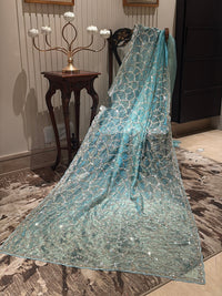 Shimmer Net Saree with All-Over Geometric Mirror & Sequin Hand Embroidery Border
