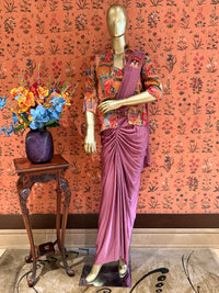 Mauve Draped Saree with Multicolour Folk Print Jacket Blouse and Sequin Highlights