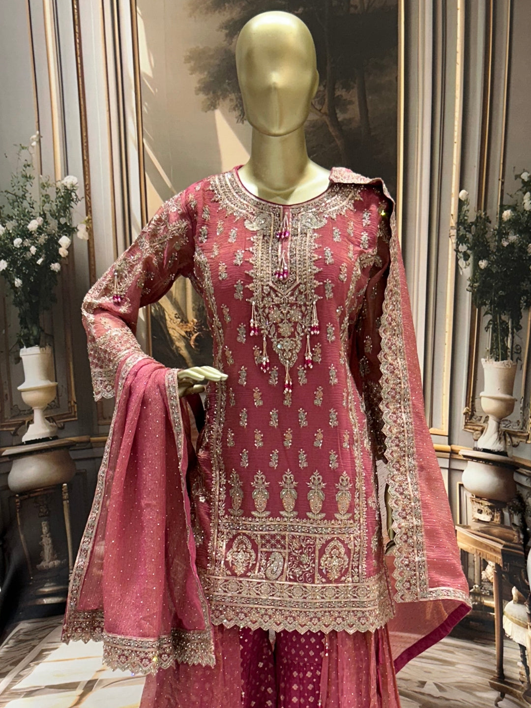 Mauve Pink Gharara Set with Zari, Sequin & Resham Embroidery and Pearl Detailing