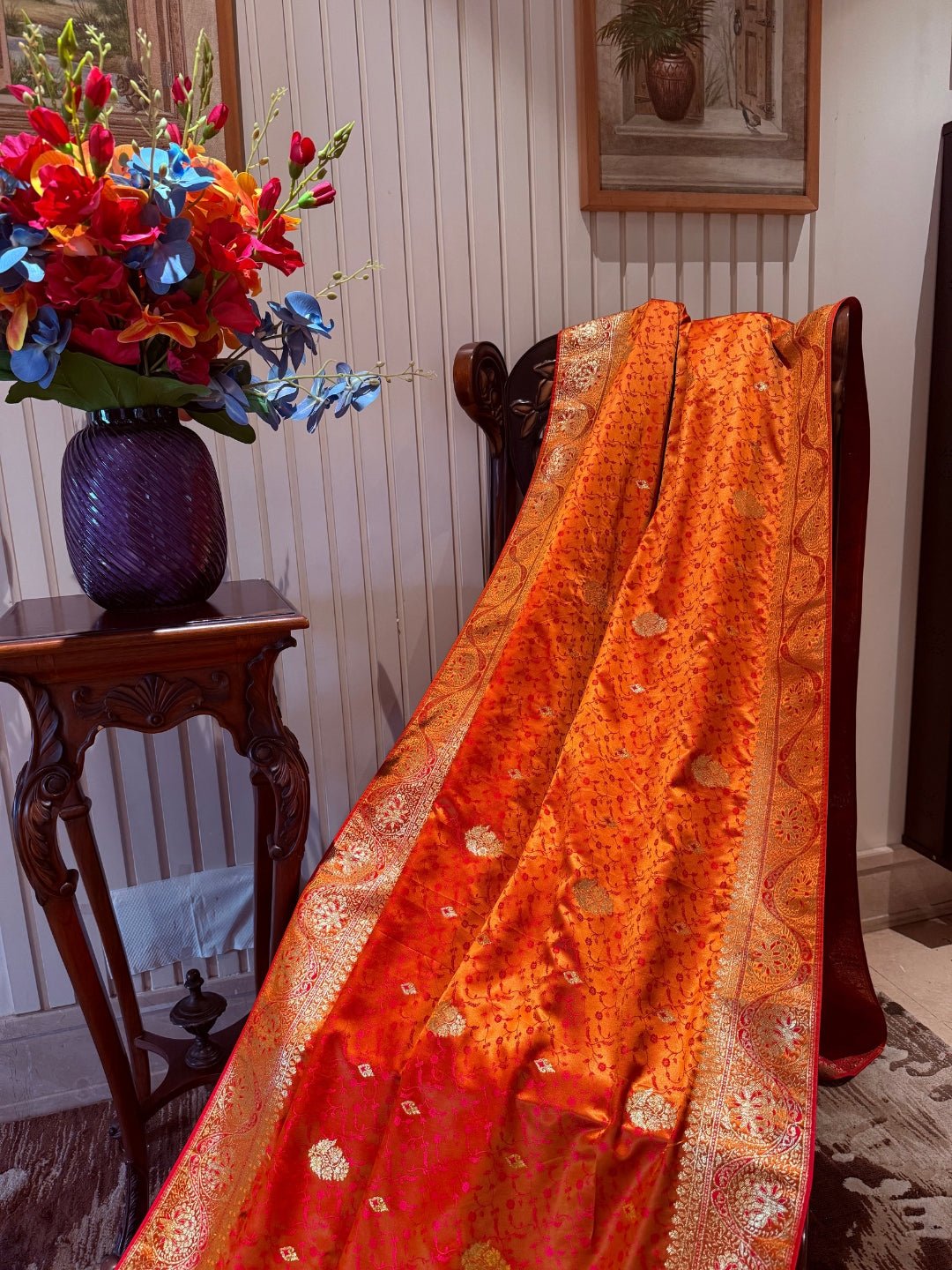 Zari Woven Saree with Gold Floral Motifs and Traditional Brocade Border