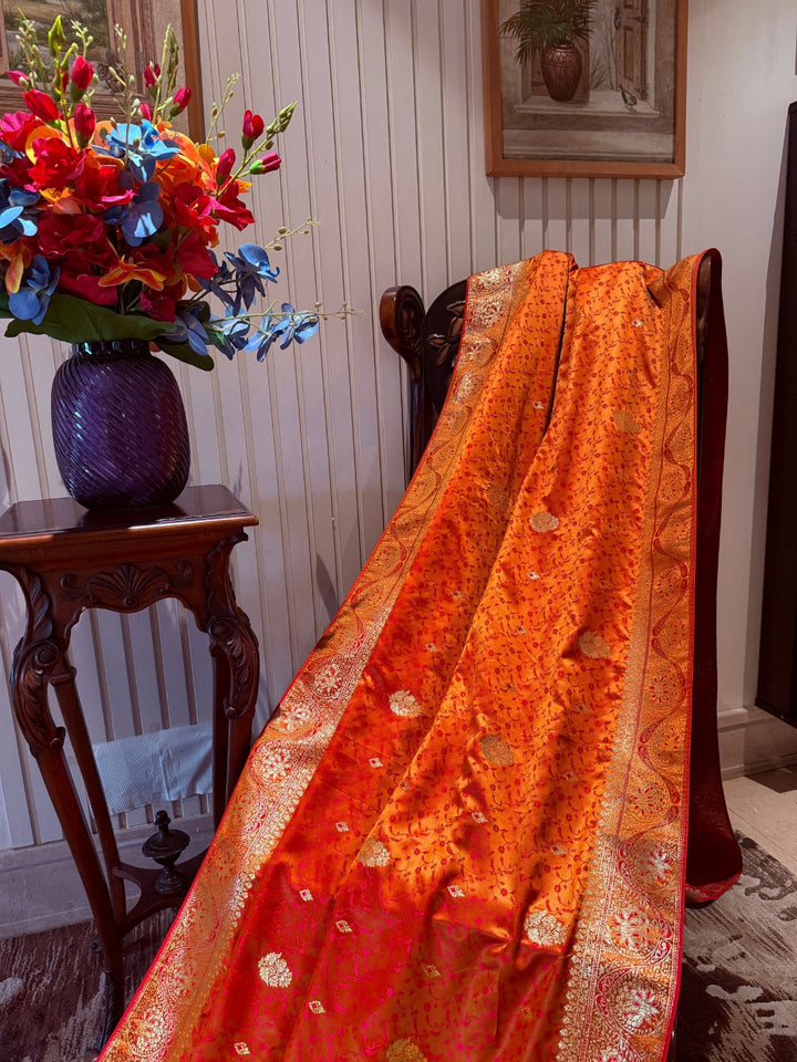 Zari Woven Saree with Gold Floral Motifs and Traditional Brocade Border