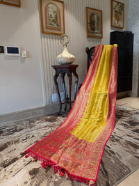 Yellow Saree with Red Ethnic Woven Pallu, Contrast Pink Border & Tassel Detailing