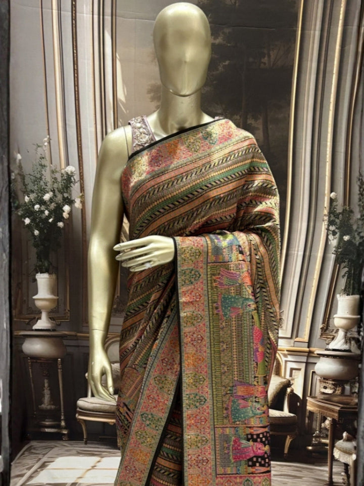 Black Banarasi Silk Saree with Multicolour Royal Procession Pallu & Temple Border