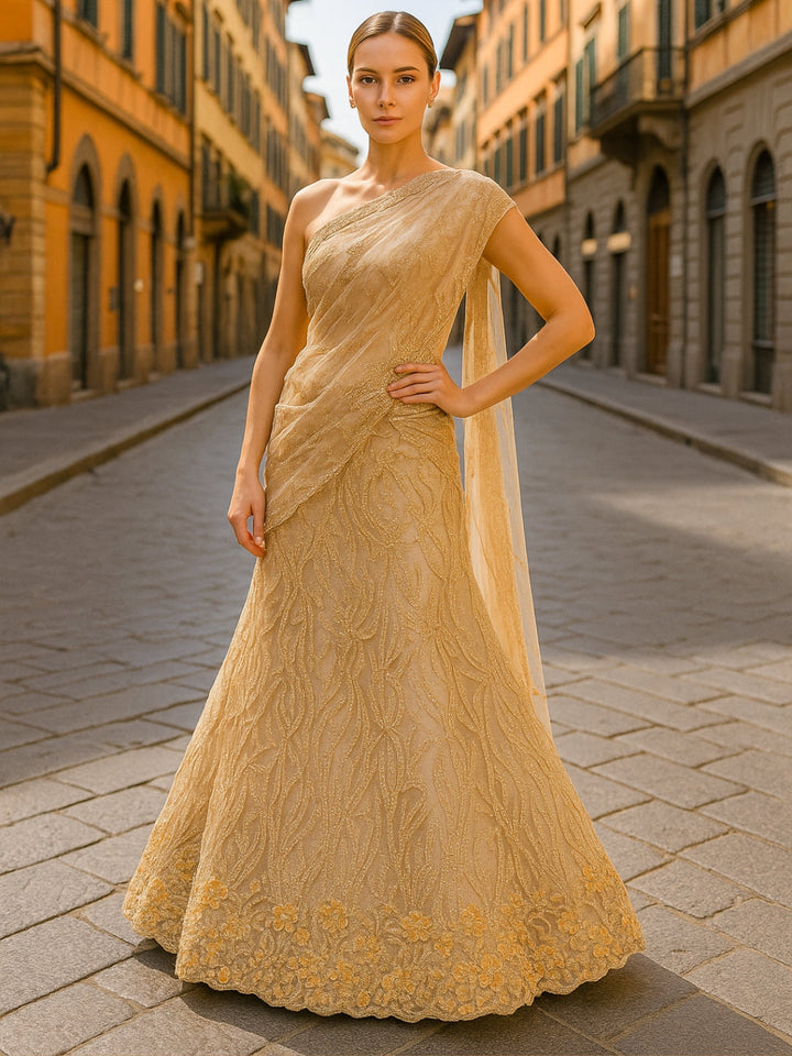 Golden Sequined Embroidered Net Lehenga with Floral and Zari Work