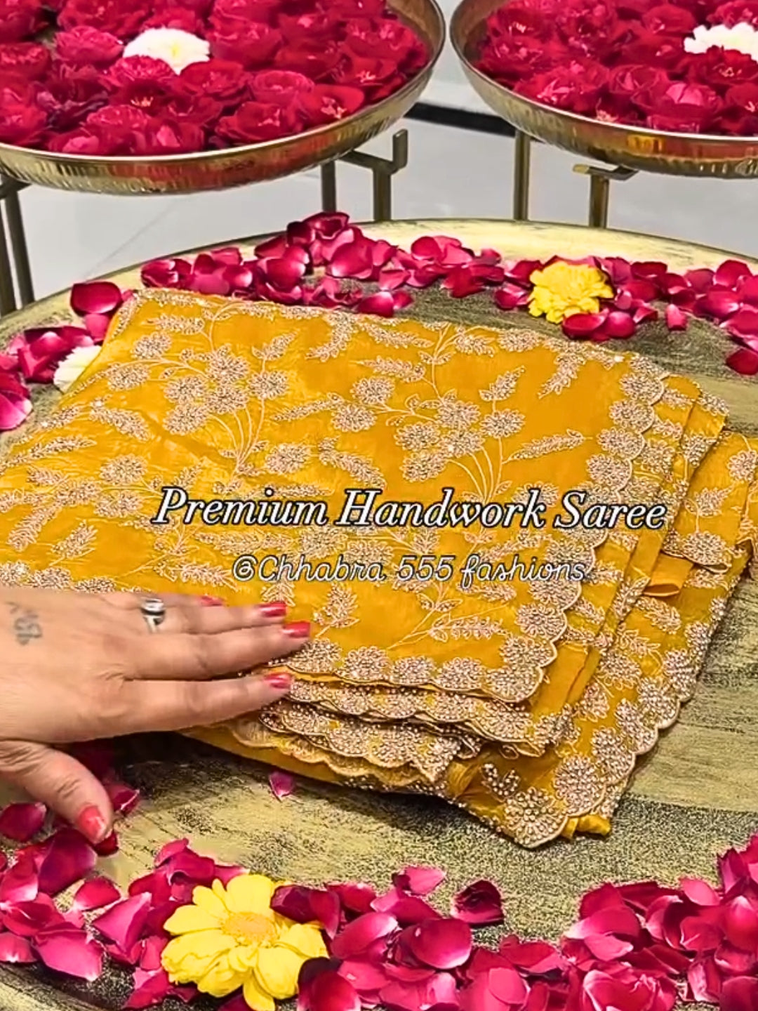 Mustard Yellow Floral Zari Embroidery & Stones Embellishment Saree with Scalloped Border