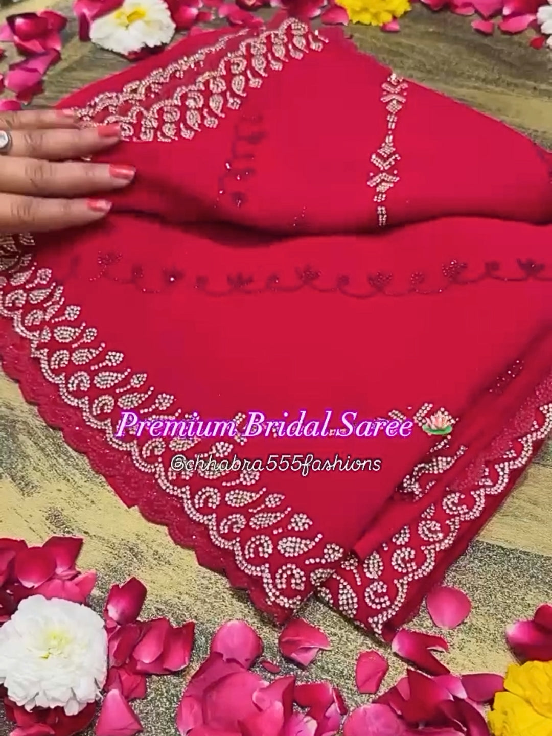 Solid Red Bridal Saree with Zircon Embellishments & Scallop Border