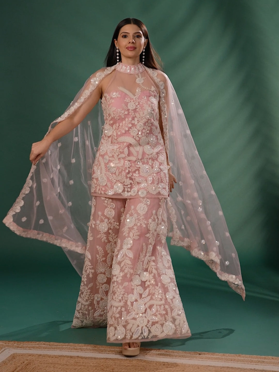 Thread Embroidered & Sequins Sharara Suit Set with  Embellished Dupatta