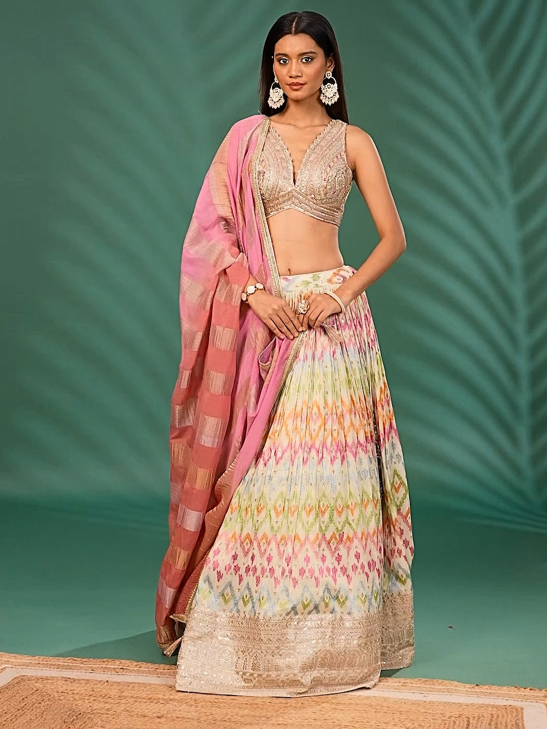 Ikat Printed Lehenga with Sequin Embroidered Blouse & Pink Striped Dupatta