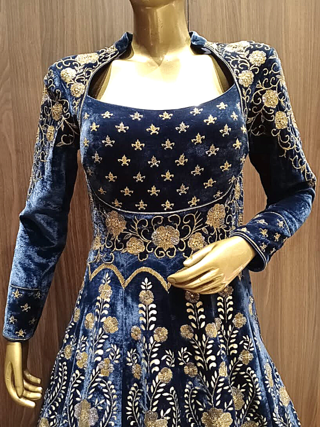 Deep Blue Velvet Anarkali with Gold Zari Hand Embroidery and Kundan Work