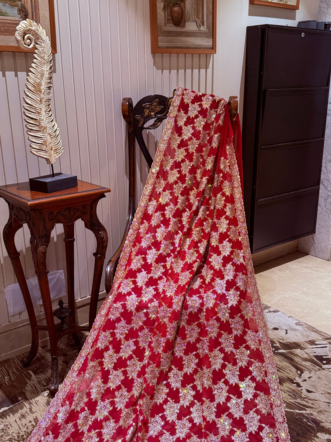 Red Net Saree with Dense Gold Floral Zari, Sequin & Bead Embroidery, Scallop Border