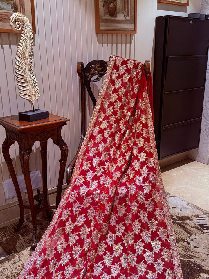Red Net Saree with Dense Gold Floral Zari, Sequin & Bead Embroidery, Scallop Border