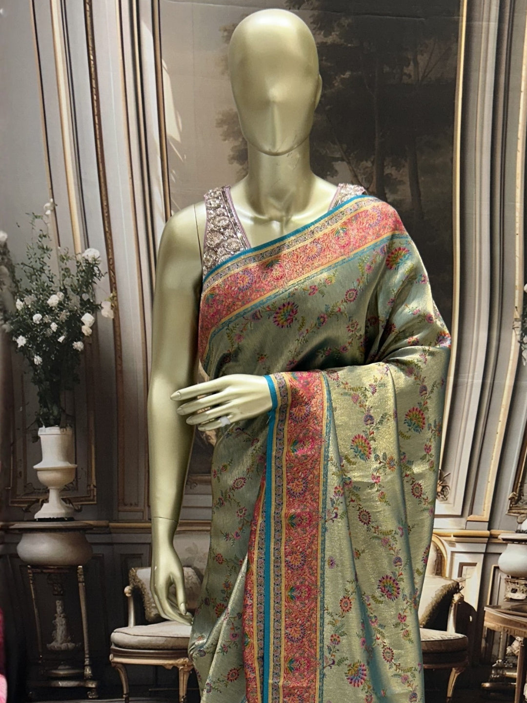 Pista Green Banarasi Meenakari Silk Saree with Floral Jaal & Teal Paisley Pallu