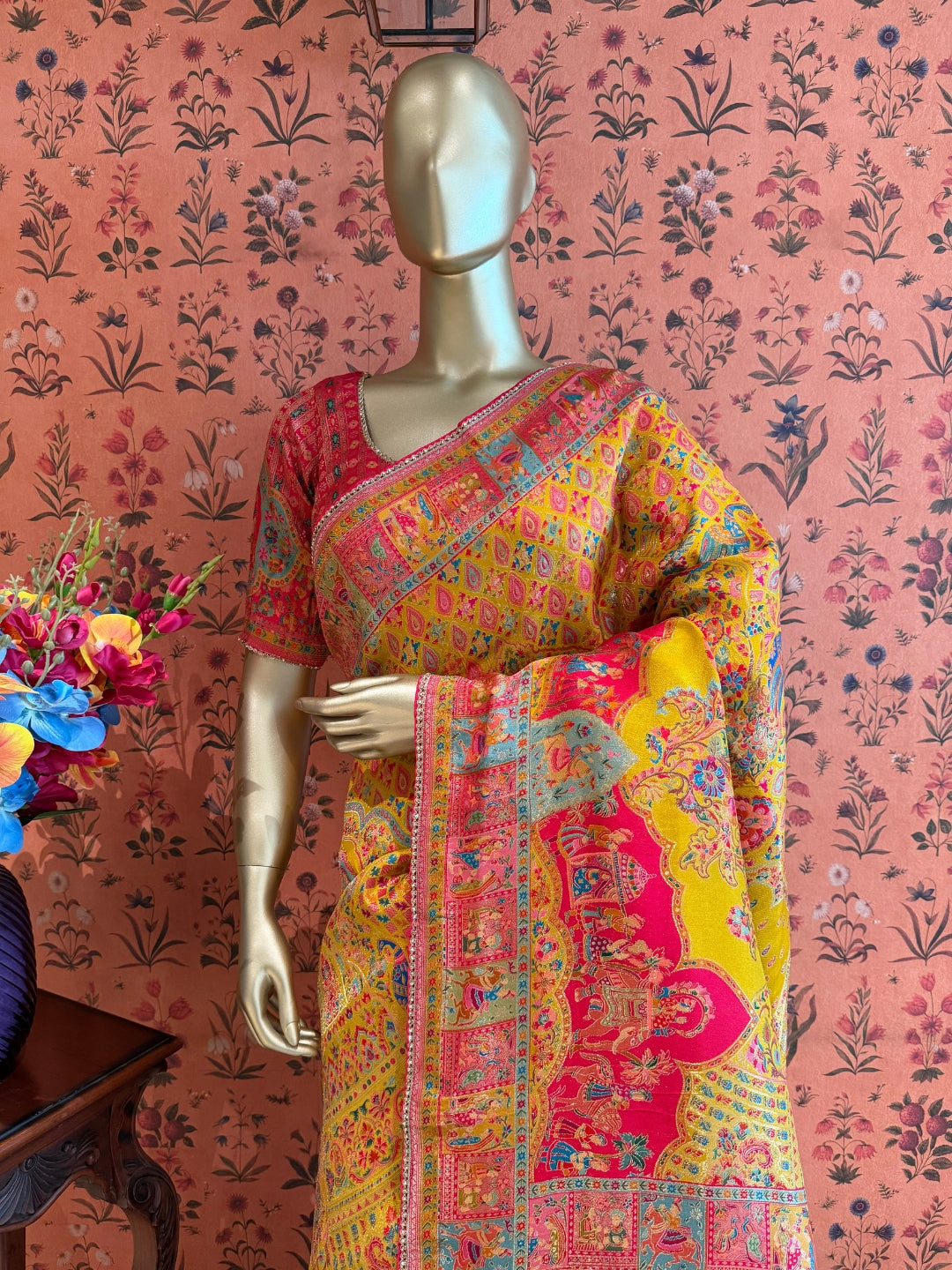 Multicolor Yellow Rani Pink Saree with Ethnic Temple & Paisley Digital Print