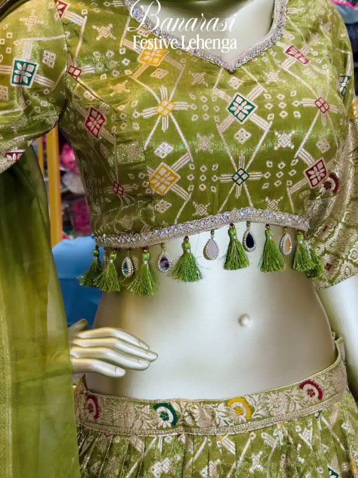 Banarasi Woven Lehenga Choli with Tassel Latkan in Mehendi Green