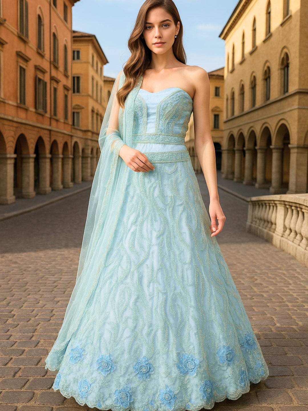 Sequins Embroidered Net Lehenga Set with Beaded Floral Work Unstitched Blouse & Dupatta