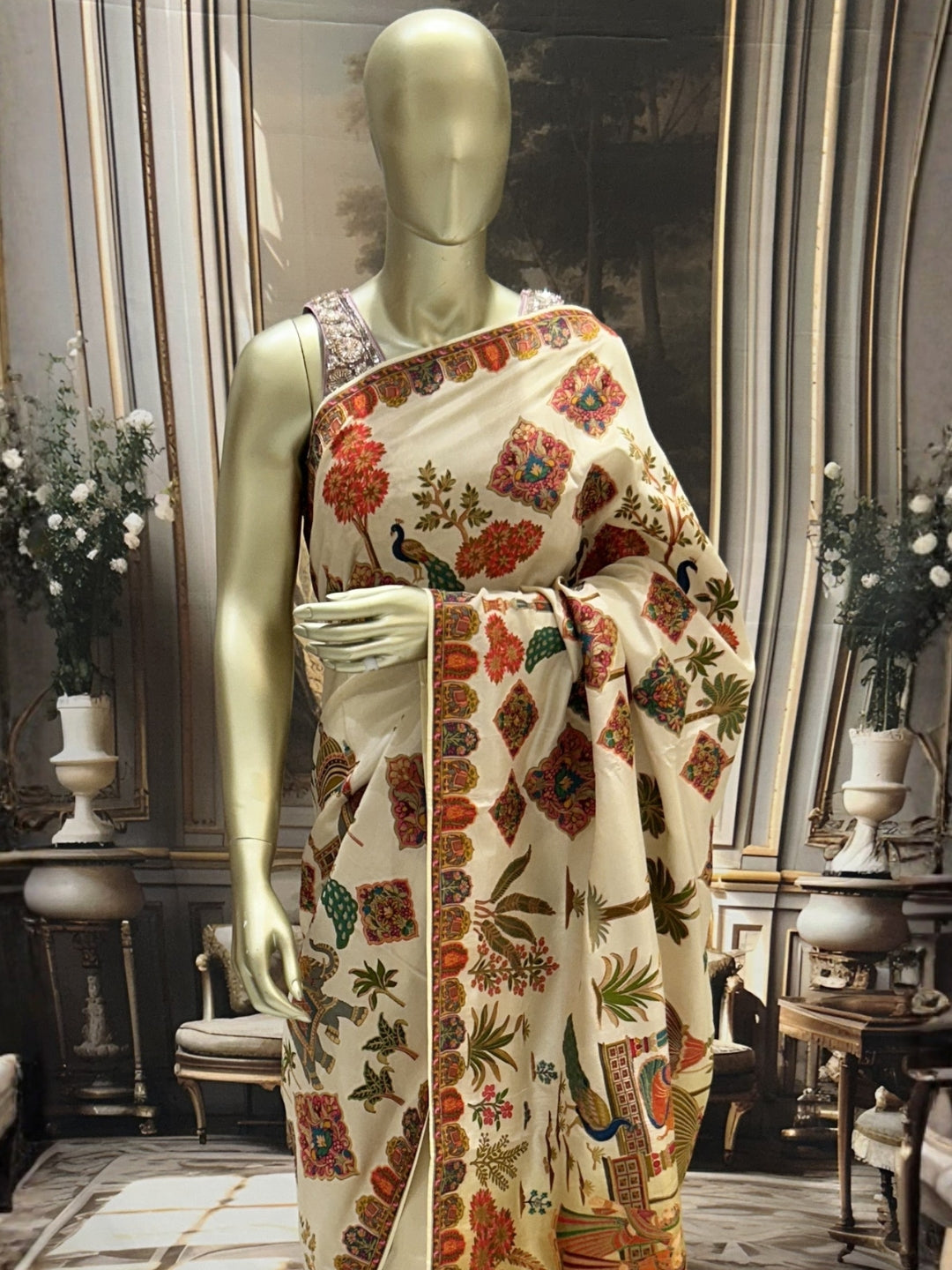 Ivory Banarasi Silk Saree with Multicolour Village Scene Pallu & Floral Temple Border