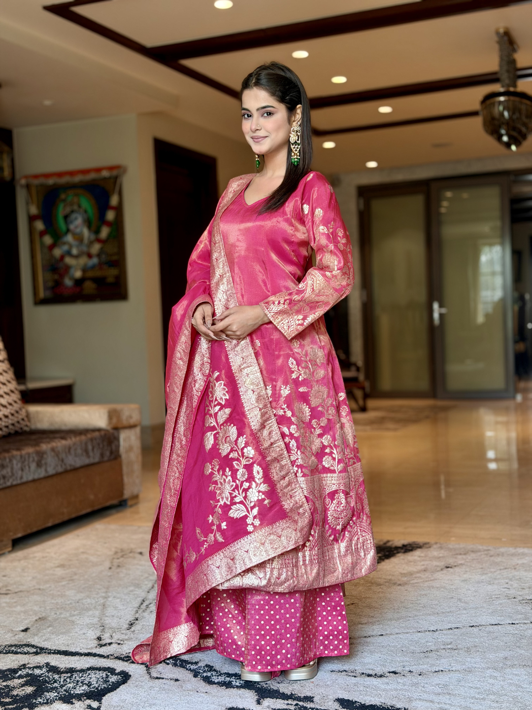 Banarasi Silk Kurta Set with Zari Woven Floral Border, Polka Dot Palazzo & Dupatta