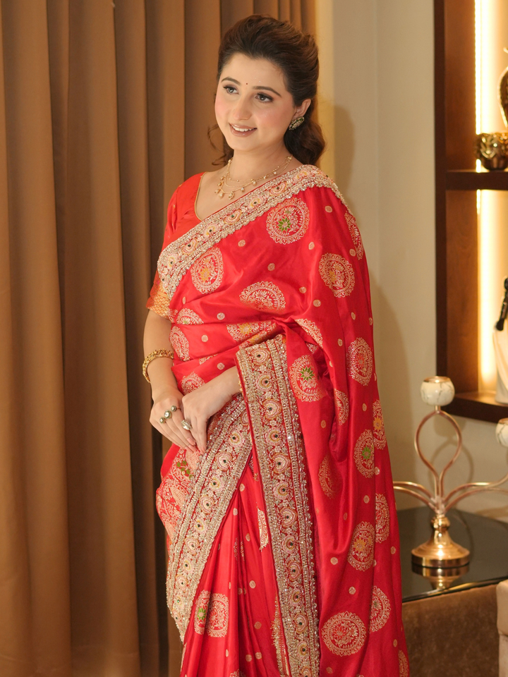 Banarasi Silk Zari Saree with Gold Zari Medallion Motifs, Embroidered Border & Dupatta