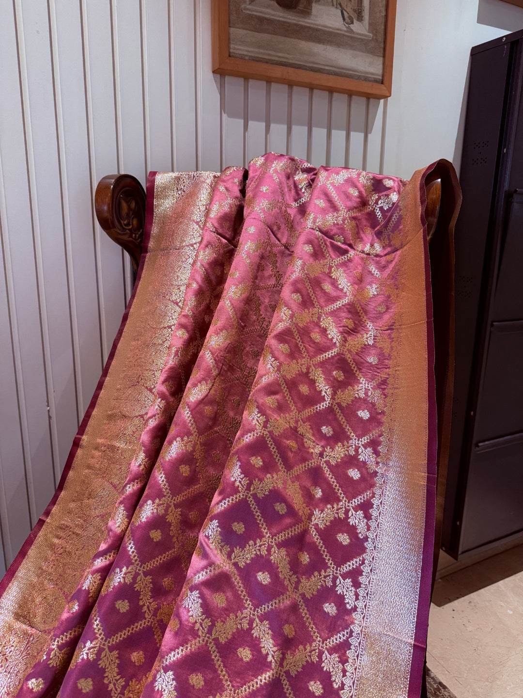 Magenta Pink Zari Woven Saree with Gold Floral Diamond Check & Banarasi Brocade Border