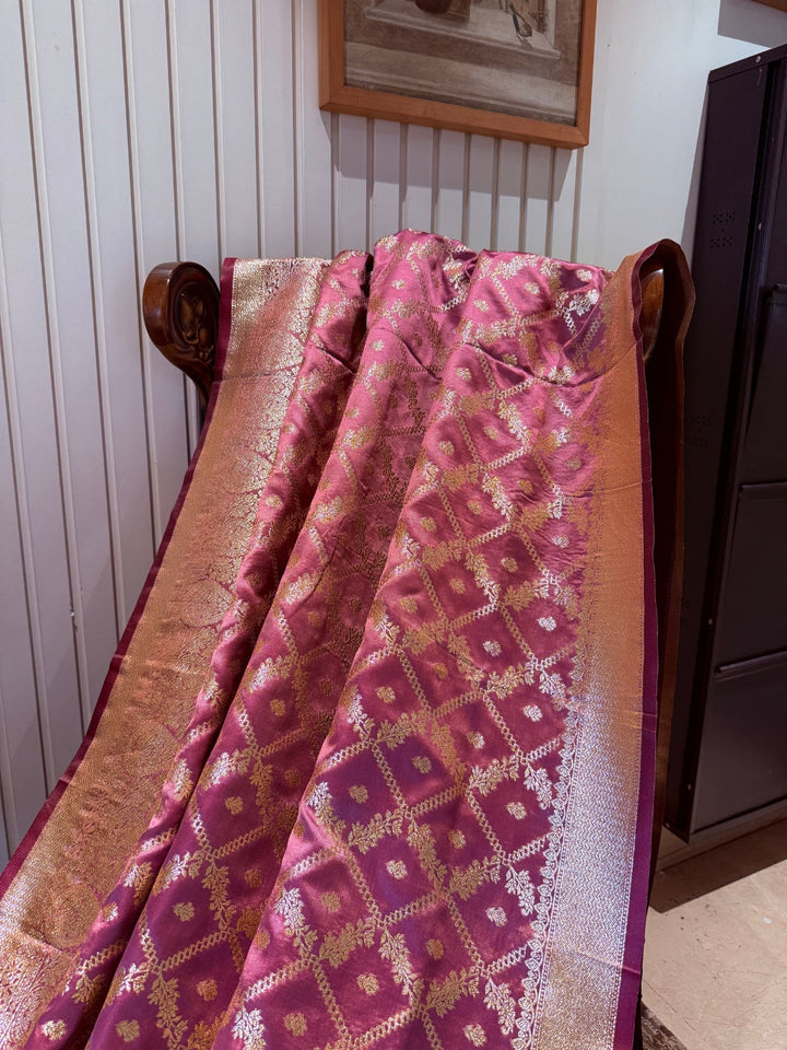 Magenta Pink Zari Woven Saree with Gold Floral Diamond Check & Banarasi Brocade Border