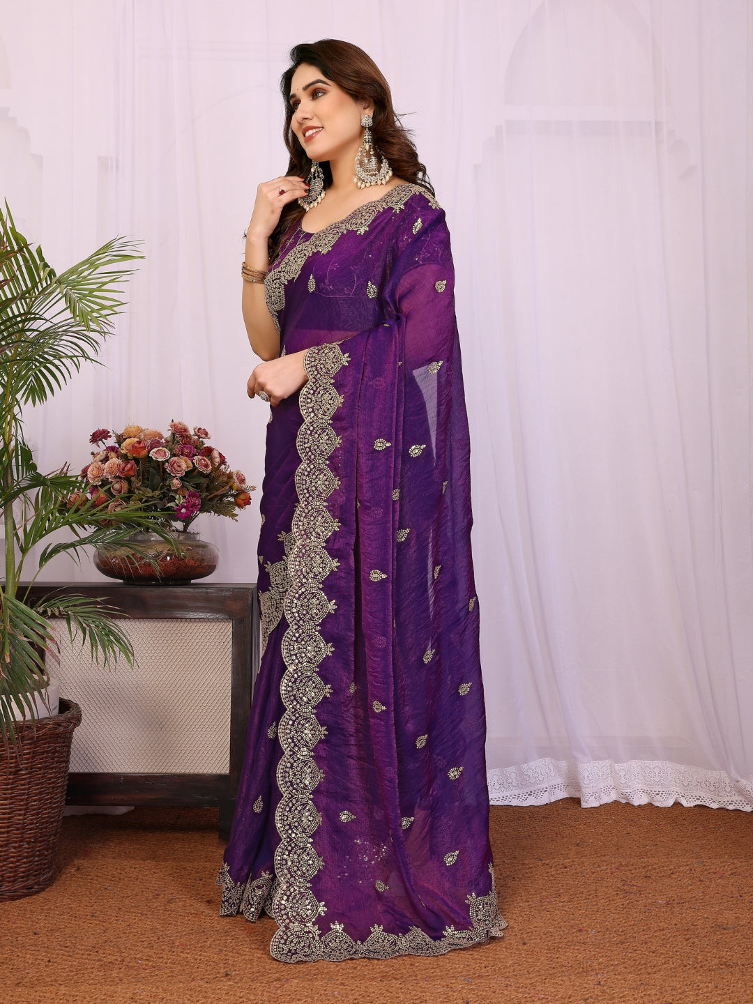 Shimmer Saree with Antique Gold Embroidered Butis & Heavy Scalloped Border