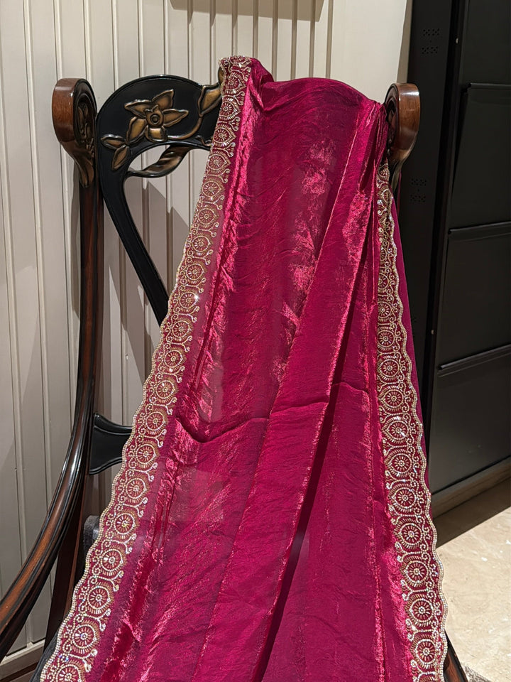 Magenta Shimmer Tissue Saree with Heavy Gold Sequin Circular Embroidered Scallop Border