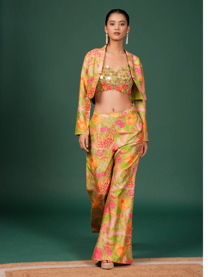 Mirror Embellished Floral Co-Ord Set with Printed Pant and Open Jacket