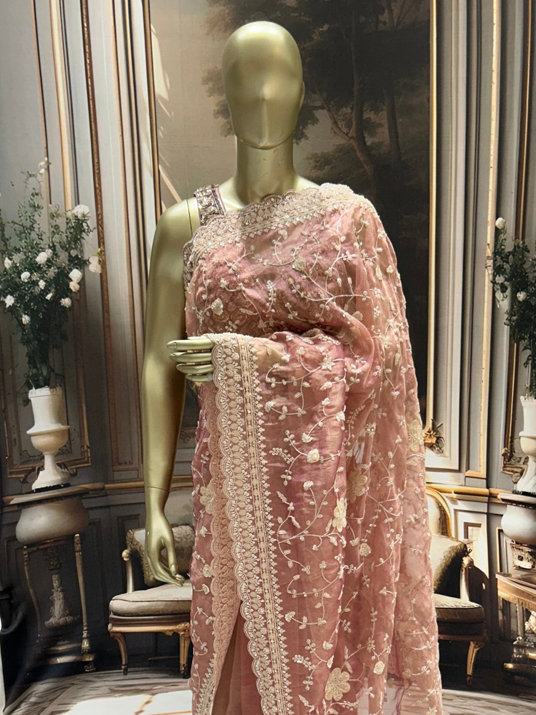 Blush Pink Net Saree with Ivory Sequin Floral Embroidery & Ornate Scallop Border