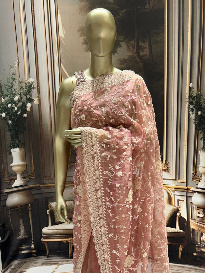 Blush Pink Net Saree with Ivory Sequin Floral Embroidery & Ornate Scallop Border
